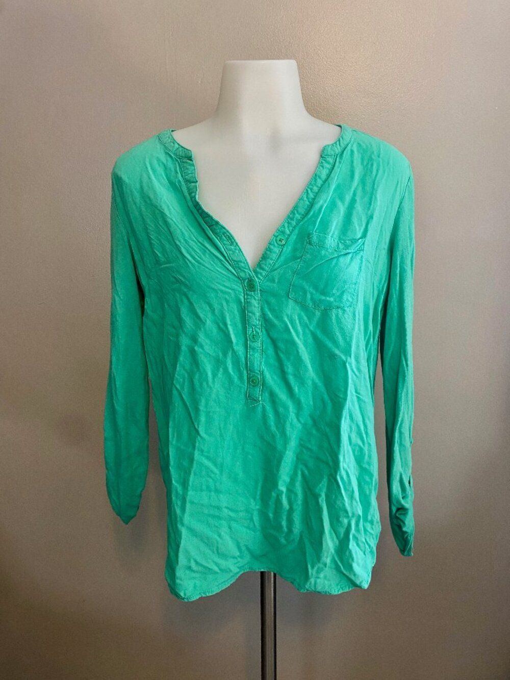 Merona Mint Green Roll Tab Sleeve Henley Blouse